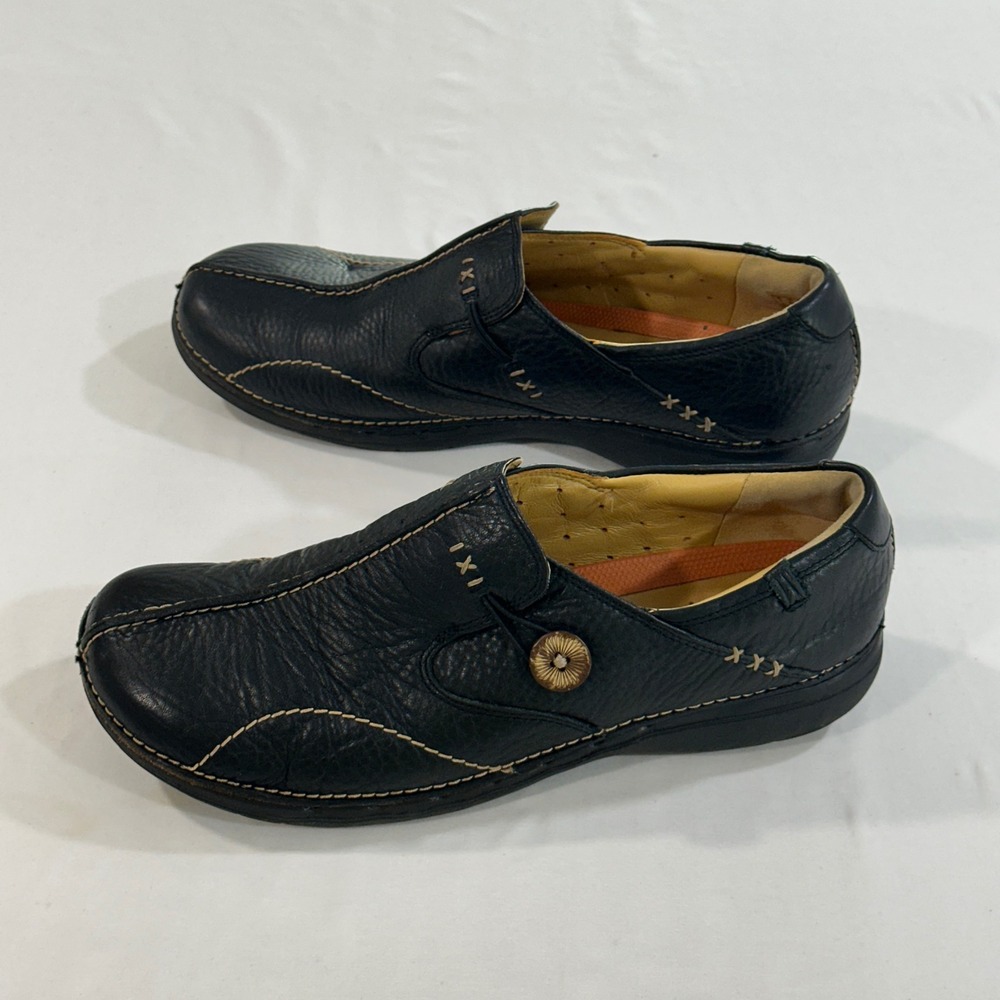 Clarks Artisan Unstructured Un.Loop Black Leather Loafers Women 9.5 W Wide Shoes